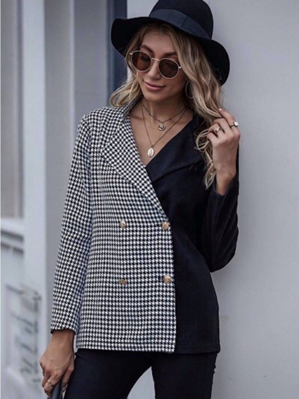 Women’s Houndstooth Black Blazer Jacket - Double Breasted